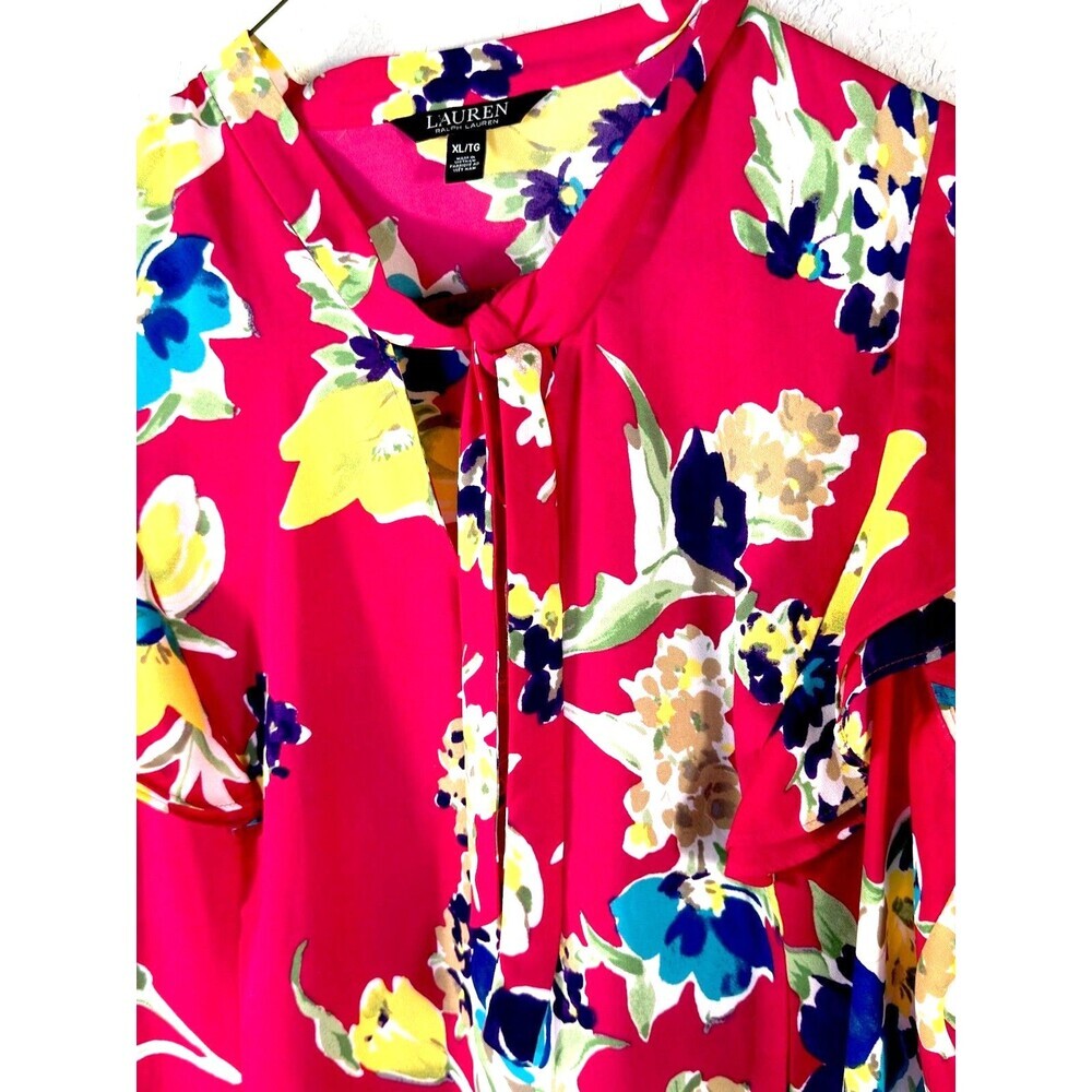 Lauren Ralph Lauren Women's Pink Floral Georgette Tie Neck Blouse Top Sz XL